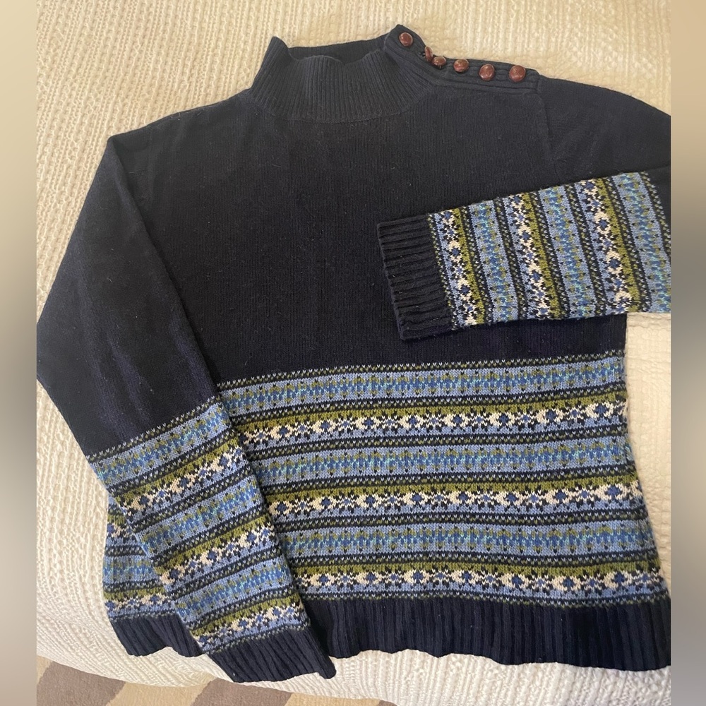 Lilly Pulitzer vintage Fair Isle navy mock neck knit sweater cashmere blend Lrg
